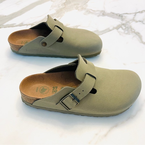 Birkenstock Shoes - ❤️ BIRKENSTOCK BOSTON CLOGS 37 VEGAN LEATHER KHAKI TAN SLIP ON MULES CLOSED TOE